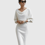 ISMÉRIA | VALKOINEN DRAPED BATWING MIDI-MEKKO