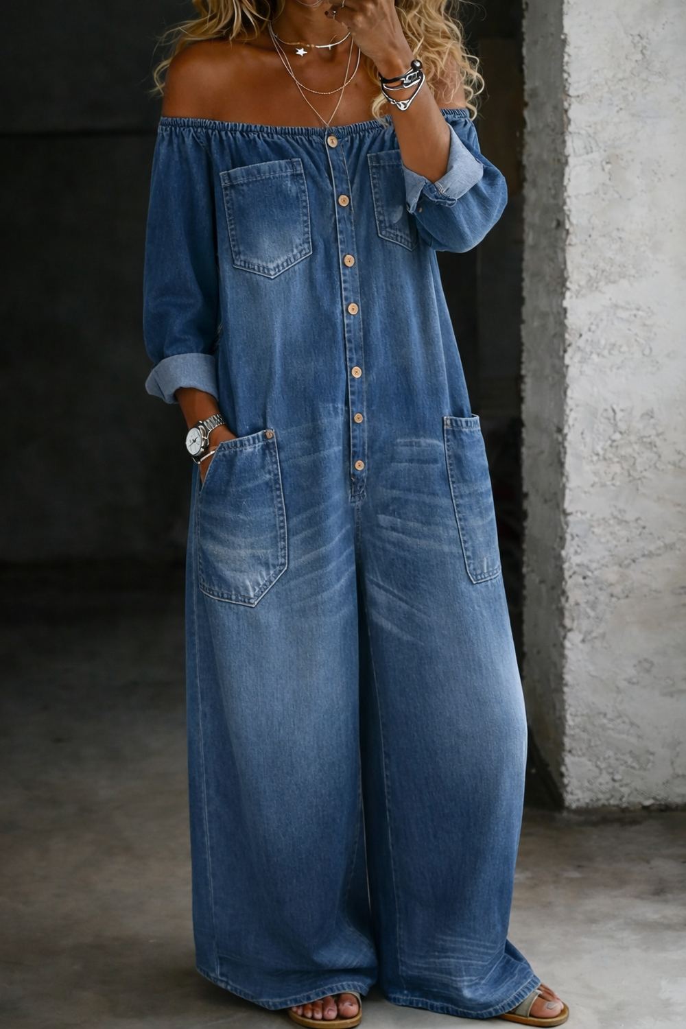 Elena | Olkaimeton pitkähiha jumpsuit