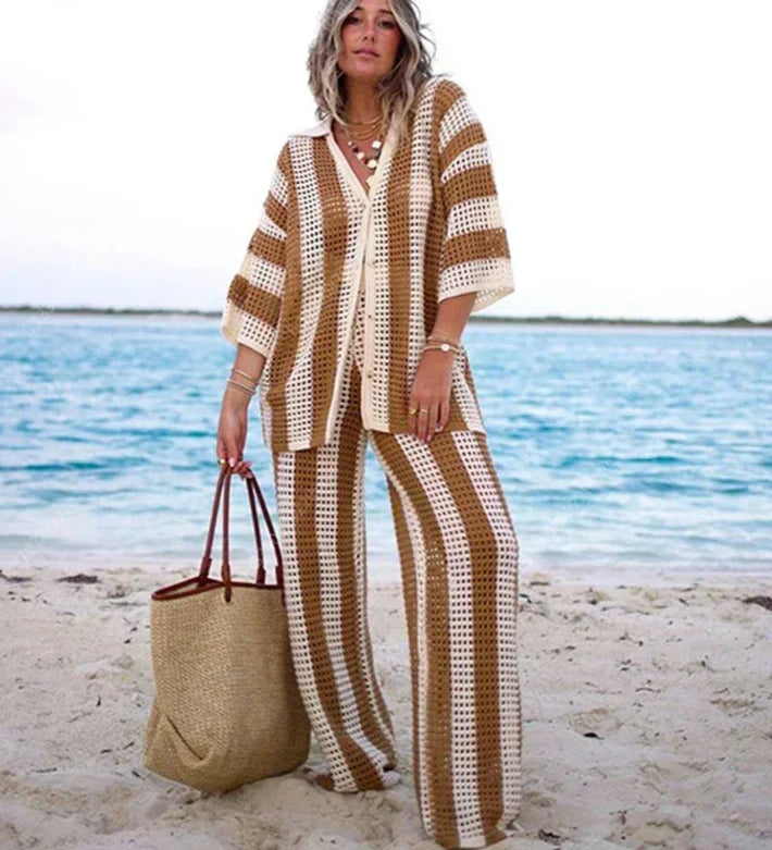 Zenaida™ | Raidallinen virkattu kimono ja housut -setti