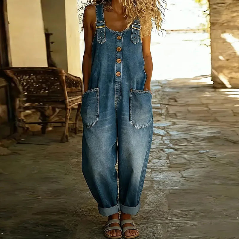 Mae | Vintage Pehmeät Puuvillaiset Denim-näköiset Haalarit Säädettävillä Olkaimilla