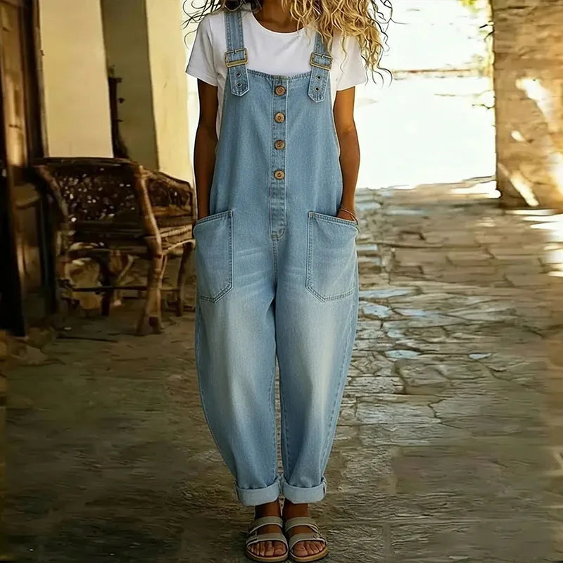 Mae | Vintage Pehmeät Puuvillaiset Denim-näköiset Haalarit Säädettävillä Olkaimilla