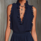 Satine | Pleated Satin Striped Jumpsuit tummansinisessä