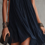 Apolline | Mini Pleated Dress in Embroidered Navy Blue Chiffon