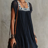 Apolline | Mini Pleated Dress in Embroidered Navy Blue Chiffon