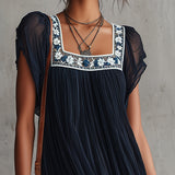Apolline | Mini Pleated Dress in Embroidered Navy Blue Chiffon