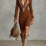 Arawen | Beige Slim Suede Neck Floral Lapel Midi Dress