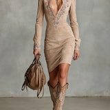 Arawen | Beige Slim Suede Neck Floral Lapel Midi Dress