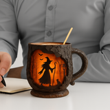 Käsintehty kohokuvioitu Halloween-muki – Noita ja kissa -kuvio