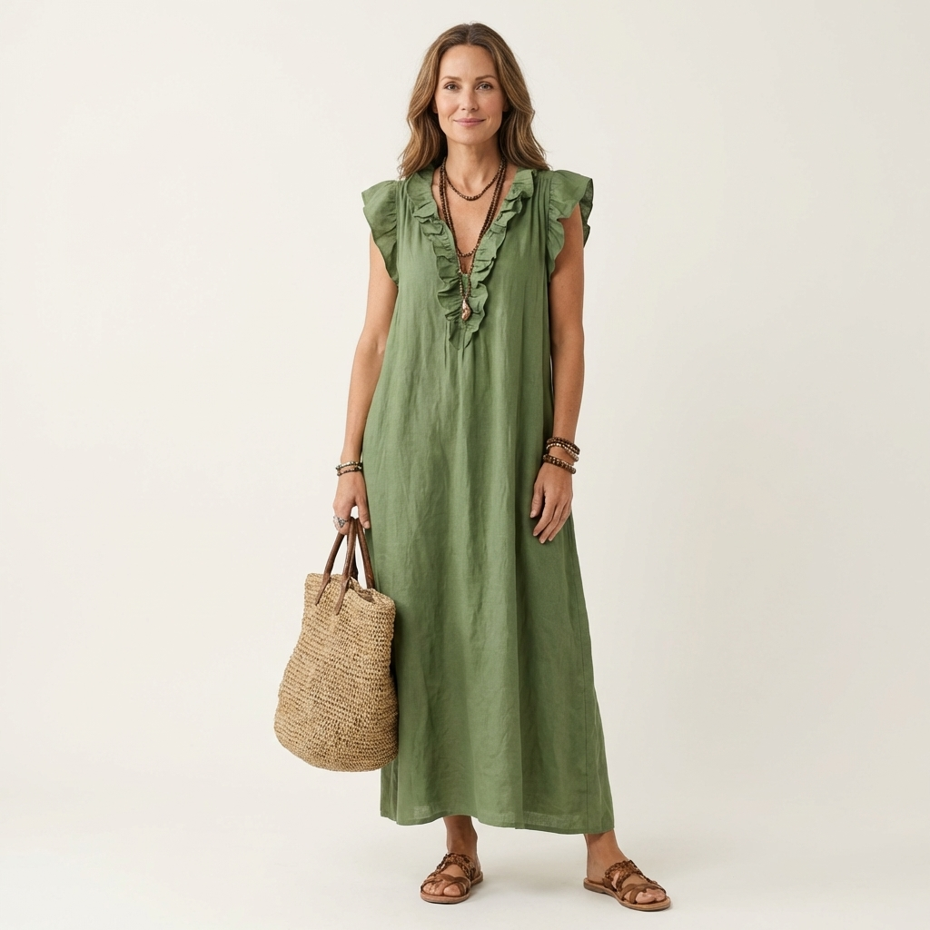 Josette | Rypytetty V-pääntie Pellava Maxi Mekko