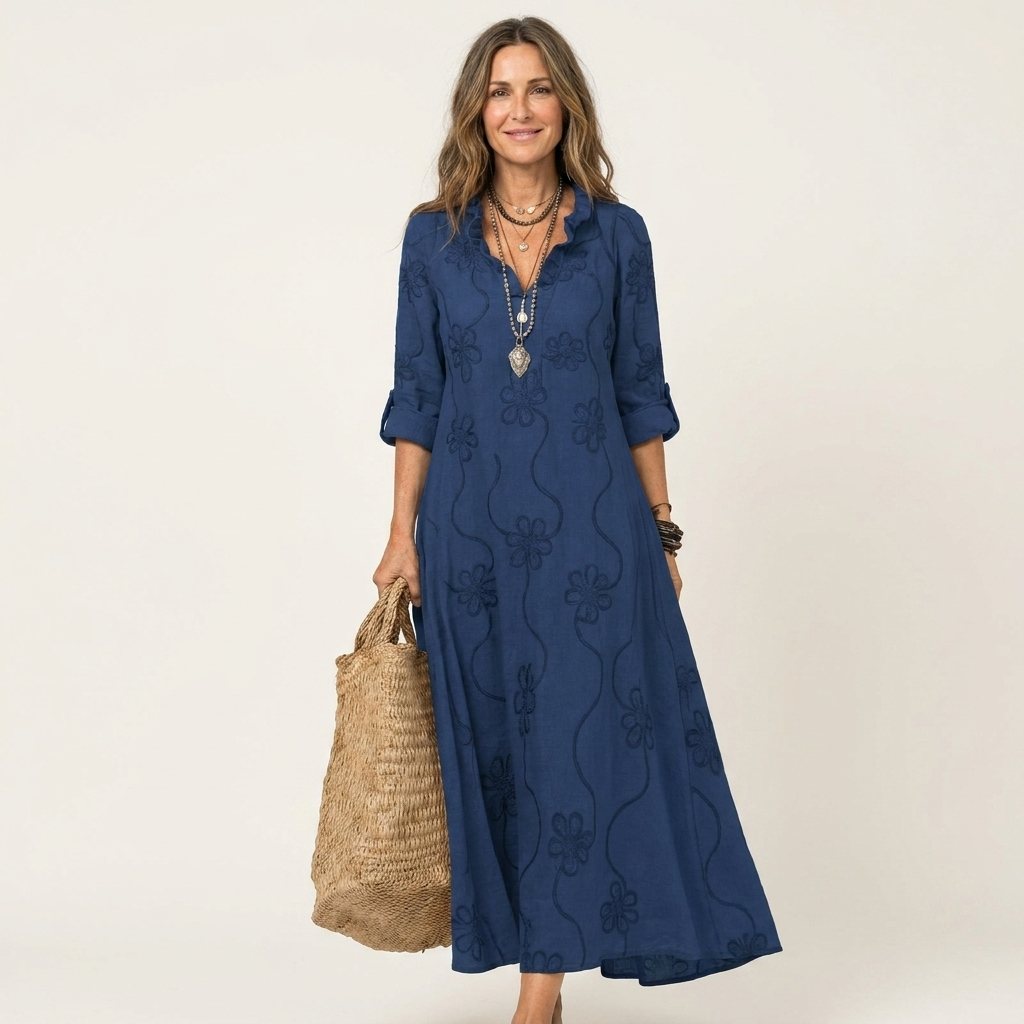 Mariam | Puuvilla-pellava Maxi Mekko Tonal Kukkakirjonnalla