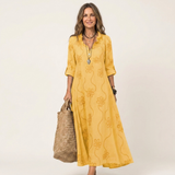 Mariam | Puuvilla-Liinakangas Maxi Mekko Tonal Kukkakirjonnalla