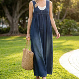 Karen | Vintage Pestyt Pehmeä Puuvillamainen Denim Maxi Mekko