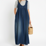 Karen | Vintage Pestyt Pehmeä Puuvillamainen Denim Maxi Mekko
