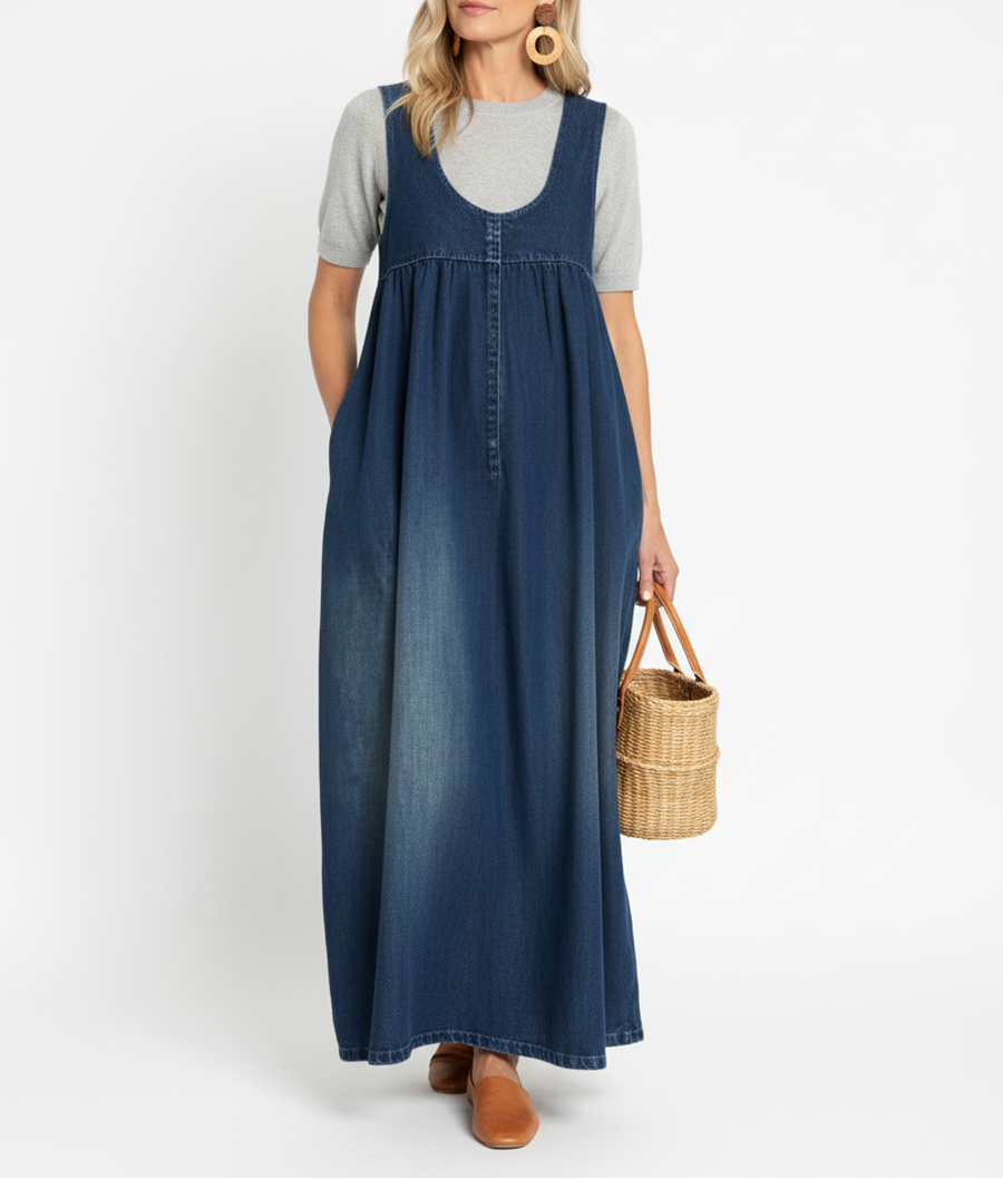 Karen | Vintage Pestyt Pehmeä Puuvillamainen Denim Maxi Mekko